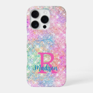 Coque iPhone 16 Pro Joli monogramme iridescent licorne rose faux paill
