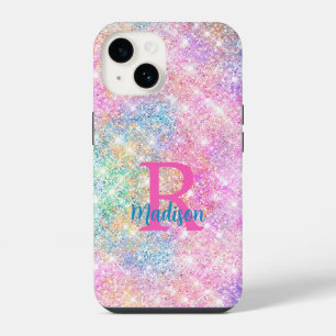 Coque Pour iPhone 14 Joli monogramme iridescent licorne rose faux paill