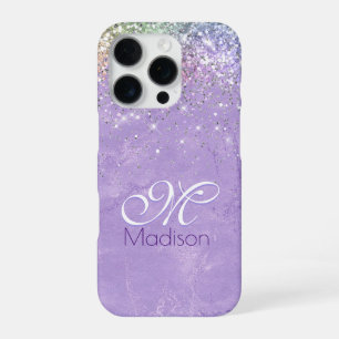 Coque iPhone 16 Pro Joli monogramme iridescent lilas violet faux paill