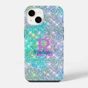 Coque Pour iPhone 14 Joli monogramme licorne bleu iridescent faux paill