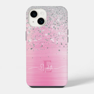 Coque Pour iPhone 14 Joli Monogramme Métal Brossé Rose Paillettes Argen
