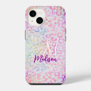Coque Pour iPhone 14 Joli monogramme pailleté à impression animale irid