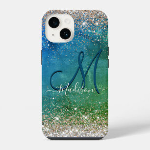 Coque Pour iPhone 14 Joli monogramme pailleté or faux bleu vert