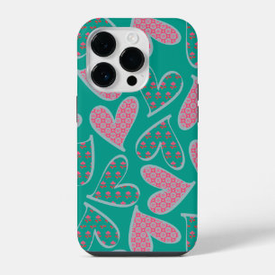 Coque Pour iPhone 14 Plus Joli motif de cœurs floraux rose et sarcelle