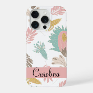 Coque iPhone 15 Pro joli motif floral botanique personnalisé avec des
