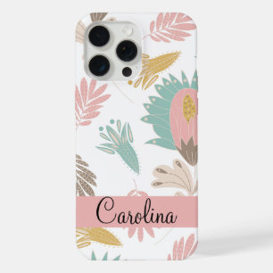 Coque iPhone 15 Pro Max joli motif floral botanique personnalisé avec mono