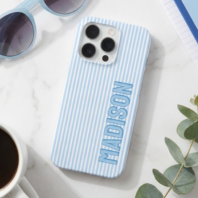 Coque iPhone Joli nom personnalisé à rayures bleues et blanches (Créateur téléchargé)