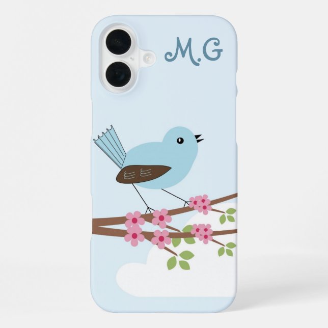 Coque iPhone Joli Oiseau Bleu dans un Arbre en Fleurs Monogramm (Verso)