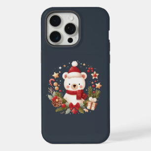 Coque iPhone 15 Pro Max Joli ours de Noël/d'hiver en couronne