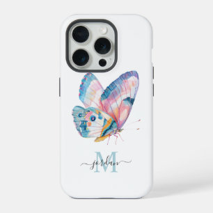 Coque iPhone 15 Pro Joli Papillon Aquarelle avec Votre Monogramme