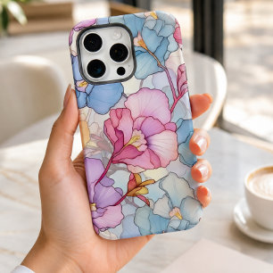 Coque iPhone 15 Pro Max Joli Pastel Floral Verre Rose & Bleu
