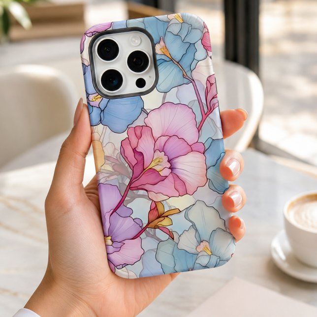 Coque iPhone Joli Pastel Floral Verre Rose & Bleu (Créateur téléchargé)
