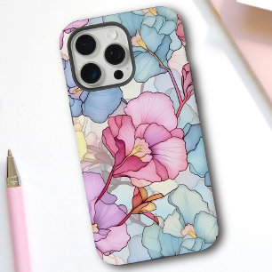 Coque iPhone 15 Pro Max Joli Pastel Floral Verre Rose & Bleu