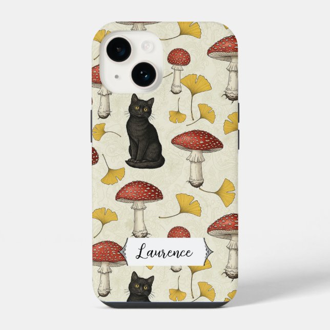 Coque iPhone Joli petit chat noir avec des champignons nom pers (Verso)