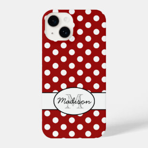Coque Pour iPhone 14 Joli Rouge Blanc pois rétro motif Monogramme