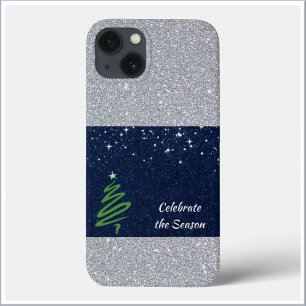 Etui iPhone 13 Joli sapin de Noël argenté pailleté bleu