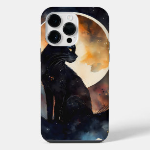 COQUE POUR POUR iPhone 14 PRO MAX JOLIE CHAT NOIR EN COULEUR D'EAU AVEC PLEINE LUNE