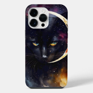 COQUE POUR POUR iPhone 14 PRO MAX JOLIE CHAT NOIR EN COULEUR D'EAU AVEC PLEINE LUNE