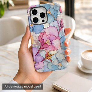 Coque iPhone 15 Pro Max Jolie Fleur de Verre Stained Glass Rose & Bleu