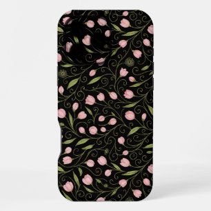 Coque iPhone 16 Pro Max Jolie fleur rose sur fond noir avec motif répétiti