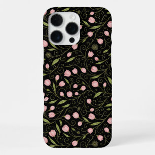 Coque iPhone 16 Pro Max Jolie fleur rose sur fond noir avec motif répétiti