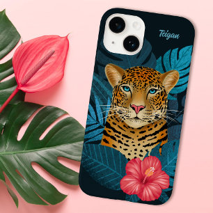 Coque Pour iPhone 14 Jolie jungle léopard Art Floral   Bleu   Nom