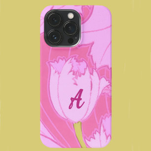 Coque iPhone 15 Pro Jolie Tulipe rose florale avec Monogram Feminine