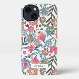 Etui iPhone 13 Jolies fleurs aquarelle rose et bleu folk art