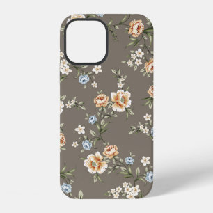 Coque iPhone 12 jolies fleurs avec motif de feuilles sur fond gris