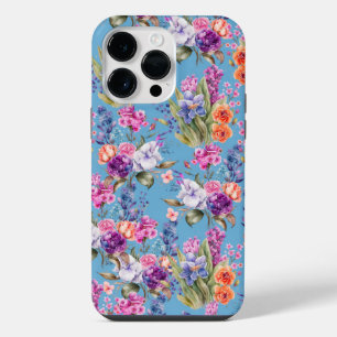 Coque Pour Pour iPhone 14 Pro Max Jolies fleurs de jardin de campagne sur fond bleu