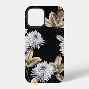 Coque iPhone 12 jolies fleurs grises avec motif de feuille marron