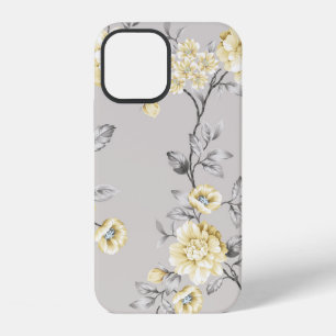 Coque iPhone 12 jolies fleurs jaunes avec motif de feuilles grises