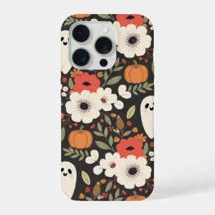 Coque iPhone 15 Pro Jolis Fantômes de Dessin Animé Fleurs Citrouilles
