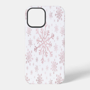 Coque iPhone 12 Pro Jolis flocons de neige roses de Noël sur fond blan