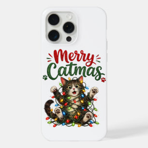 Coque iPhone 15 Pro Max Joyeux Catmas Drôle Chat Arbre de Noël Lumières Xm