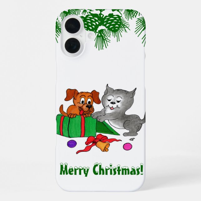 Coque iPhone Joyeux Noël avec chat et chiot (Verso)
