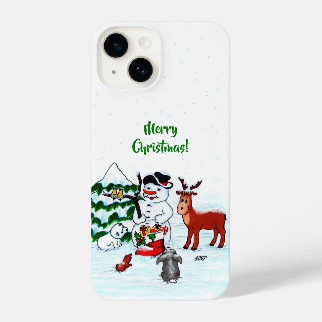 Coque iPhone Joyeux Noël ! Bonhomme de neige avec des amis (Verso)