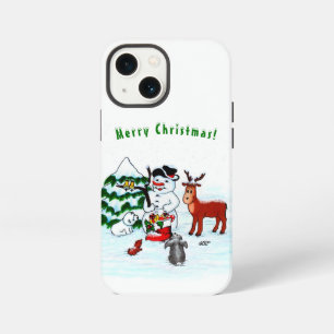 Etui iPhone 13 Mini Joyeux Noël ! Bonhomme de neige avec des amis