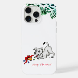 Coque iPhone 15 Pro Max Joyeux Noël ! Chiot avec Bell et Ball