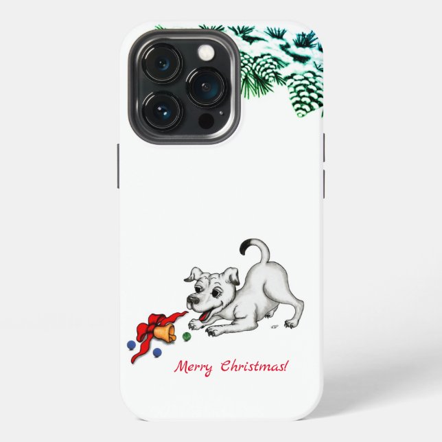Coque iPhone Joyeux Noël ! Chiot avec Cloche et Balle (Dos)