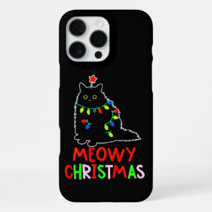 Coque iPhone 16 Pro Max Joyeux Noël Lumières de Noël Pyjama Chat Noir