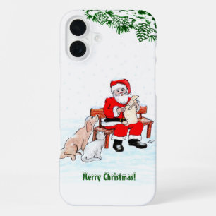 Coque iPhone 16 Plus Joyeux Noël - Père Noël avec chat et chien Cas