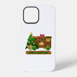 Coque iPhone 12 Joyeux Noël près de la cheminée bonfire xmas arbre