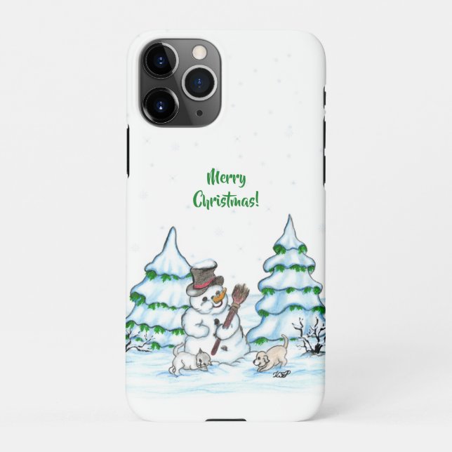 Coque iPhone Joyeux Noël ! Snowman avec chat et chiot (Dos)