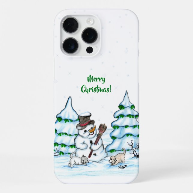 Coque iPhone Joyeux Noël ! Snowman avec chat et chiot (Verso)