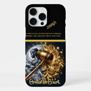 Coque iPhone 16 Pro Max Justice : maillet doré sur socle poli