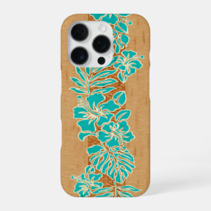 Coque iPhone 16 Pro Kalaheo Hibiscus Hawaïen Tapa Faux Bois Aqua