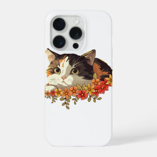 Coque iPhone 15 Pro Kawaii Calico Cat Floral Peeking Art