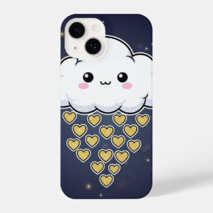 Coque Pour iPhone 14 Kawaii Happy Cloud Gold Hearts Blue