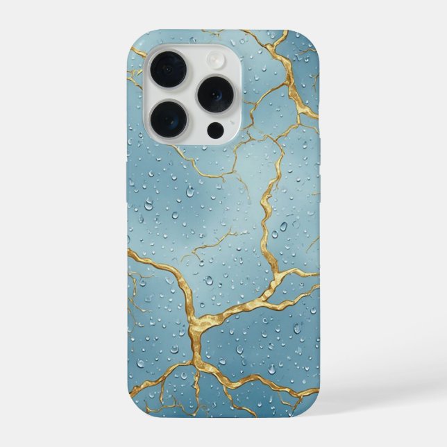 Coque iPhone 💙 Kintsugi Or Fissures ✨ Gouttelettes d'Eau Bleue (Verso)